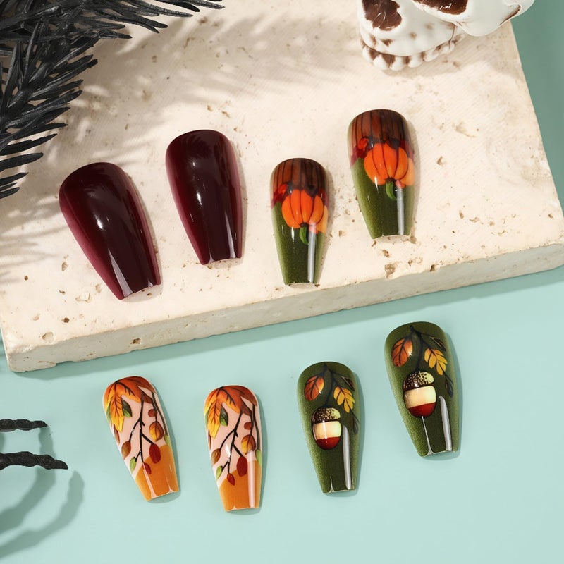 CJDLTS Thanksgiving Press on Nails Medium Ballet Shaped Fall Maple Leaf Pumpkin Pattern Acrylic False Nail Full Cover Glossy Autumn Stick on Nail Festival Artificial Fingernails Glue on Nails for Women 24Pcs - Image 2